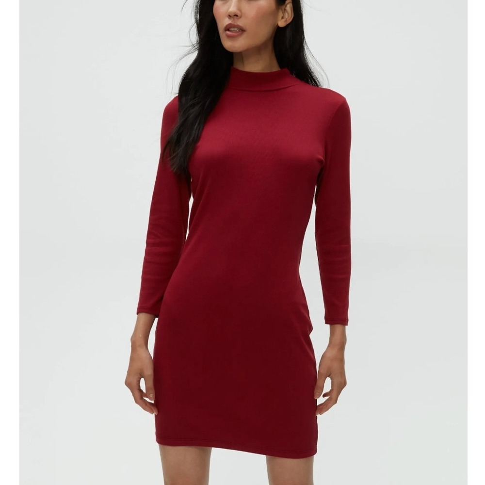 Michael Stars Maggie Mock Neck Mini Dress Medium Petite Carmine Red Ultra Rib